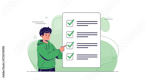 Man Checking Checklist of Tasks, Illustrative Image of Completion and Success Visualization