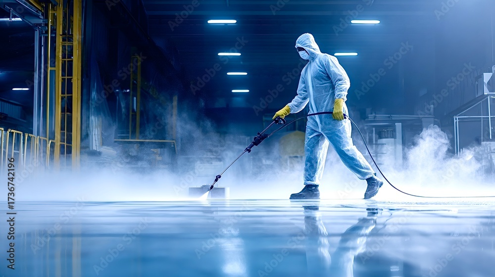 Obraz premium Worker in hazmat suit disinfecting factory floor with pressure washer