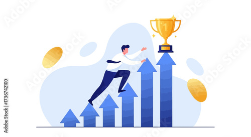Reaching Goals: Businessman Climbing Up Arrows To Achieve Success and Win Trophy