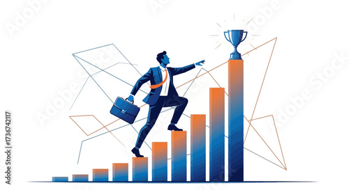 Reaching Success: A Businessman Ascends Toward The Trophy, Achieving Financial Goals