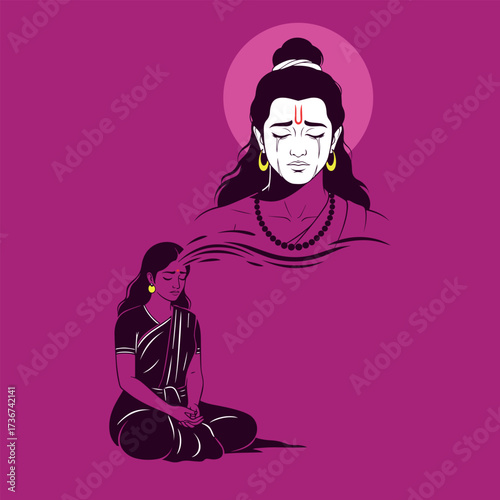 Stylized vector illustration of Sita meditating in a lotus pose as a vision of the tearful Lord Rama emerges from her mind, symbolizing separation and devotion on a magenta background.