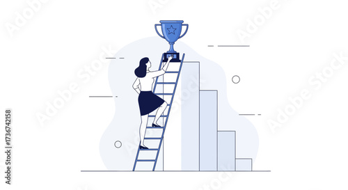 Reaching Success Trophy: A Woman Climbing Ladder to Achieve a Goal Illustration