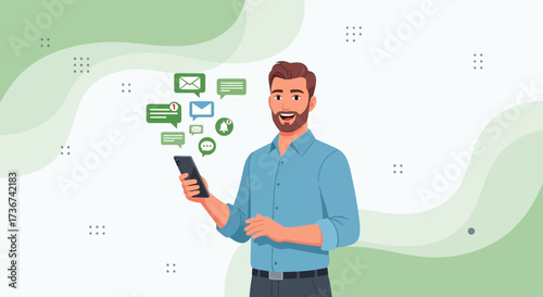Man checking smartphone messages with notification bubbles, modern technology in hand