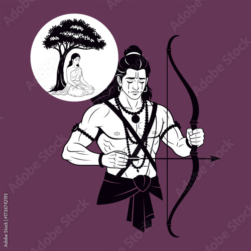 A dramatic vector illustration of a tearful Lord Rama holding his bow, seeing a vision of Sita meditating beneath a tree, on a rich purple background, illustrating the Ramayana epic.