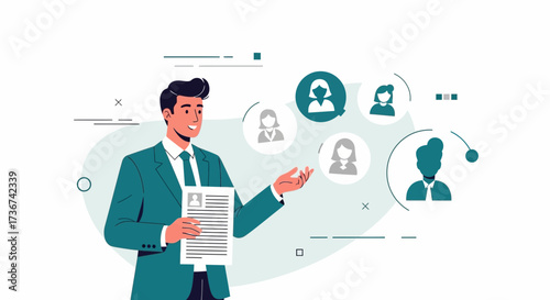 Recruitment Process Illustration: HR Professional Reviewing Candidates' Resumes