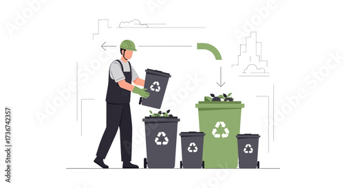 Recycling Process Depicted With A Worker Sorting And Disposing Of Various Wastes