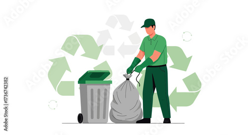 Recycling Worker with Recycling Bin and Bag Against a Green Background Illustration