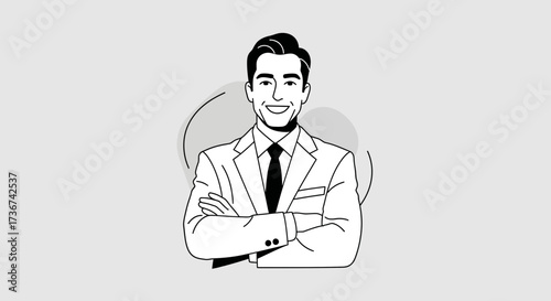 Smiling businessman in suit with crossed arms in a modern illustration style