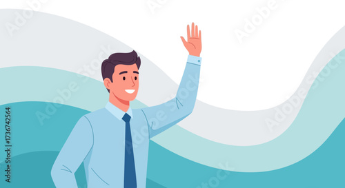 Smiling businessman waving with his hand, welcoming, greeting or saying goodbye vector illustration