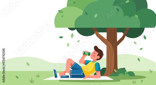 Relaxed Individual Beneath Shady Tree, Drinking Beverage While Enjoying Leisure and Sunshine