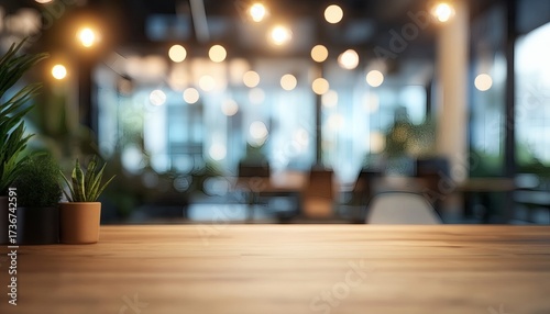 Wallpaper Mural A light brown wooden table is shown with two small potted plants in the foreground, and a blurry background of a cafe with warm-toned lights. Torontodigital.ca