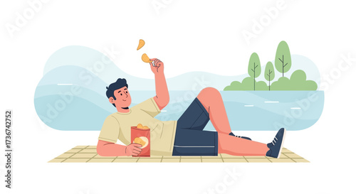 Relaxed Man Relaxes Outdoors While Enjoying Chips During Sunny Afternoon Leisure Time