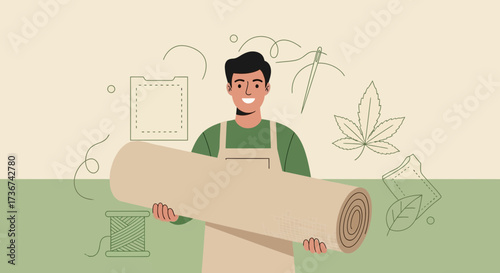 Smiling Craftsman Holding Fabric Roll with Embroidery Elements in Illustration