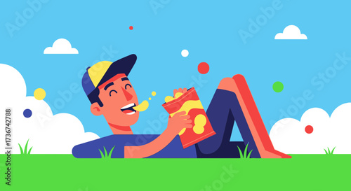 Relaxed Person Consuming Crisps Outdoors Under a Sunny Sky Enjoying Leisure