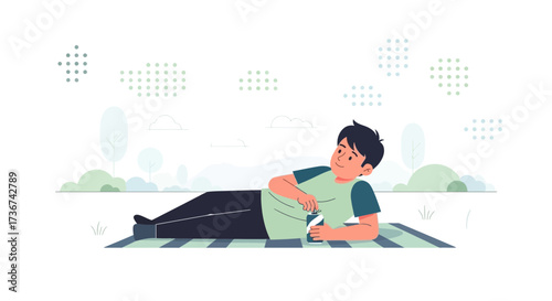 Relaxed Man Uncorking Beverage Outside Laying on Picnic Blanket Enjoying Leisure Time