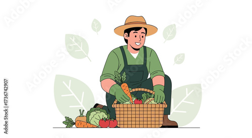 Smiling Gardener Harvesting Fresh Vegetables and Placing Into A Wicker Basket With Joy