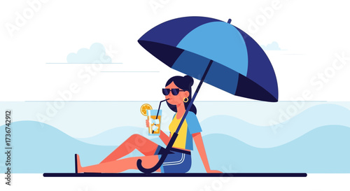 Relaxed Woman Enjoying Drink Under Umbrella at Coastline Summertime Leisure Activity