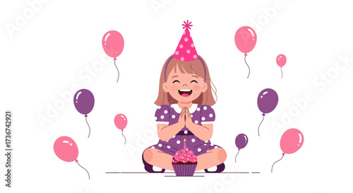 Smiling Girl Celebrates Special Day With Birthday Cake and Floating Balloons, Isolated