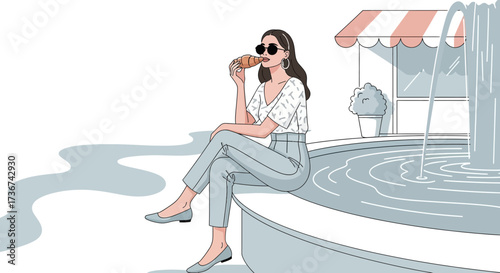 Relaxed Woman Enjoying Pastry Near Fountain, Contemporary Illustration with Vibrant Colors