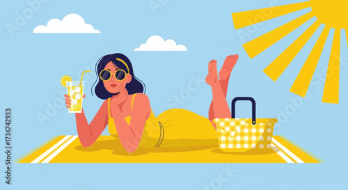 Relaxed Woman Enjoying Refreshing Drink on a Sunny Day at the Beach, Summer Bliss