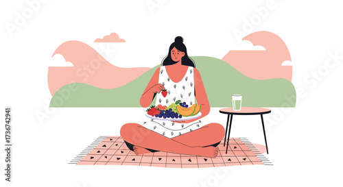 Relaxed Woman Enjoying Fresh Fruit Platter During A Peaceful Outdoor Activity