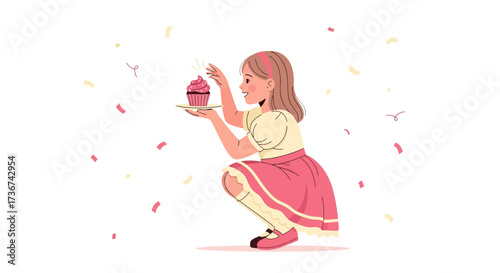 Smiling Girl Displays Delightful Cupcake: Festive Celebration Moment with Colorful Accents