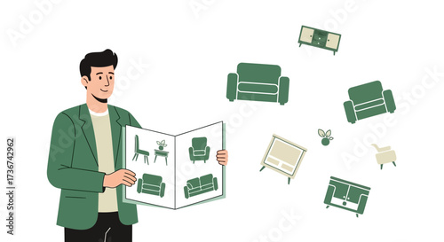 Man Choosing Home Furniture from a Catalog of Interior Design Options for Living Room
