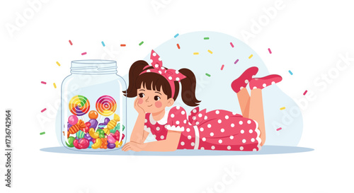 Smiling Girl Contemplating a Jar of Sweet Treats Full Of Colorful Candies