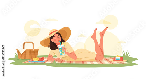 Relaxed Woman Enjoying Refreshing Drink At A Peaceful Picnic On A Sunny Day