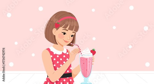 Smiling Girl Enjoying a Strawberry Milkshake In a Sweet Pink, Dotted Background Setting