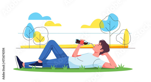 Relaxed Youth Enjoying Outdoor Leisure, Reclining On Green Grass, Sipping Beverage.