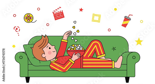 Relaxing At Home Watching A Movie: Cartoon Character Enjoying Popcorn And Comfort