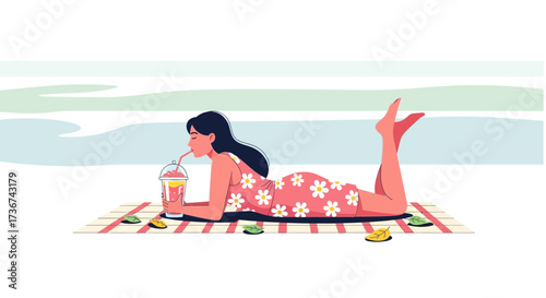 Relaxing Beach Day: Woman Enjoying Drink on Picnic Blanket in Summer Sunlight