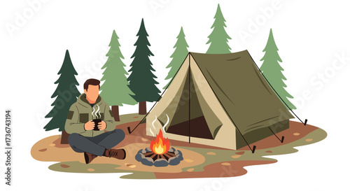 Relaxing Camping Scene with a Person Enjoying a Hot Drink by a Cozy Campfire