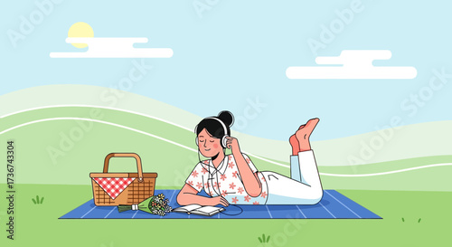 Relaxing In Nature: A Peaceful Moment With Music And A Picnic Basket