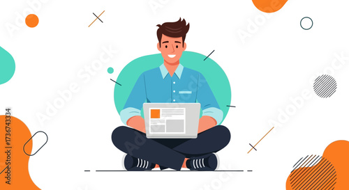 Smiling Man Using a Laptop Sitting Cross-Legged with Abstract Background Illustration