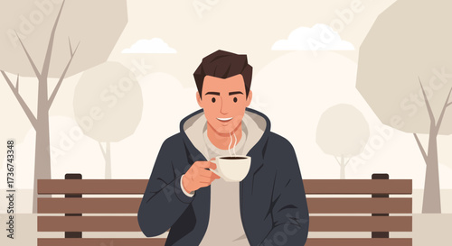 Relaxing Moment Of A Man Enjoying Coffee In The Park During A Pleasant Day