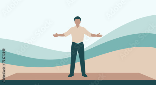 Smiling Man With Outstretched Arms Against A Modern And Abstract Background