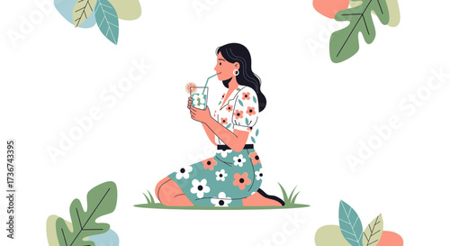 Relaxing On Ground Enjoying Refreshing Beverage Amidst Floral And Botanical Surroundings