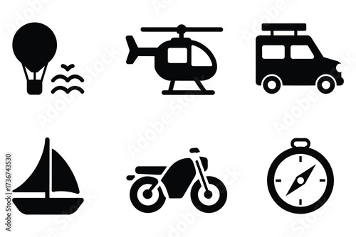 Set of six distinct silhouette icons representing diverse modes of transportation and navigation
