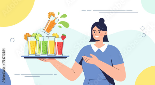 Smiling Server Presenting Fresh Fruit Drinks on a Tray for Refreshing Summer Indulgence