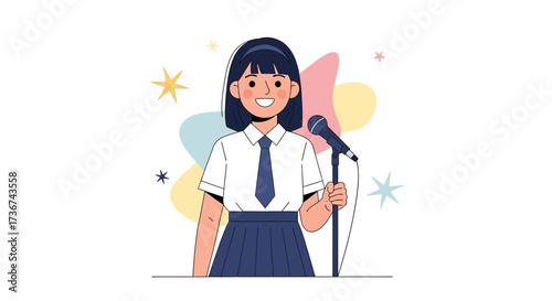 Smiling Schoolgirl Holding Microphone Ready To Perform Public Speaking Event