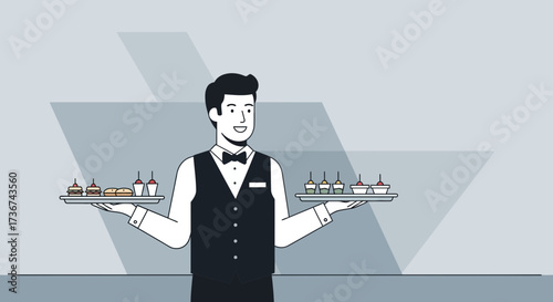 Smiling Server Presenting Appetizers and Desserts on Trays: A Culinary Service Concept