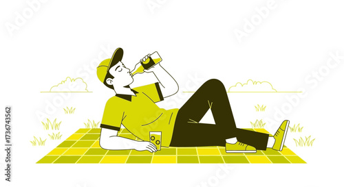 Relaxing Summer Afternoon: A Man Enjoys Refreshment on a Picnic Blanket Outdoors