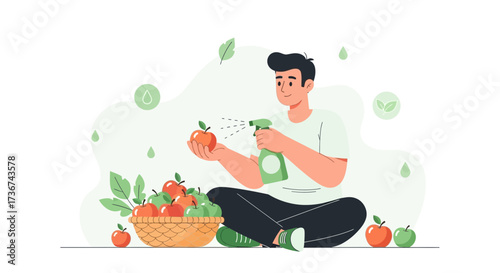 Man Cleaning Fresh Apples with Natural Spray for Organic Food and Health