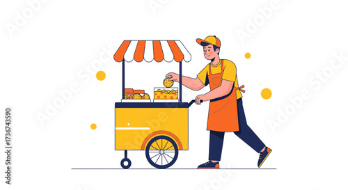 Smiling Street Vendor Preparing Food at a Portable Cart for Selling on the Market