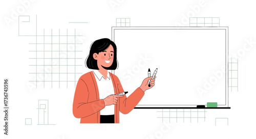 Smiling Teacher in Orange Cardigan Ready to Present on a Whiteboard With Markers