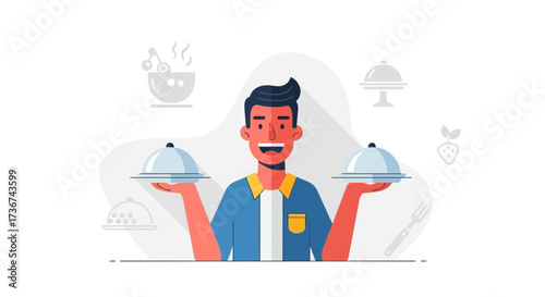 Smiling Waiter Holding Two Covered Dishes Ready To Serve Restaurant Food Delicacy