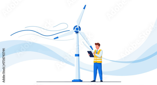 Renewable energy engineer inspecting a wind turbine for clean and sustainable projects