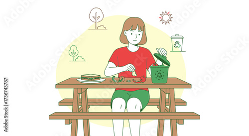 Responsible Person Disposing Food Waste Into Recycle Bin At Outdoor Picnic Table